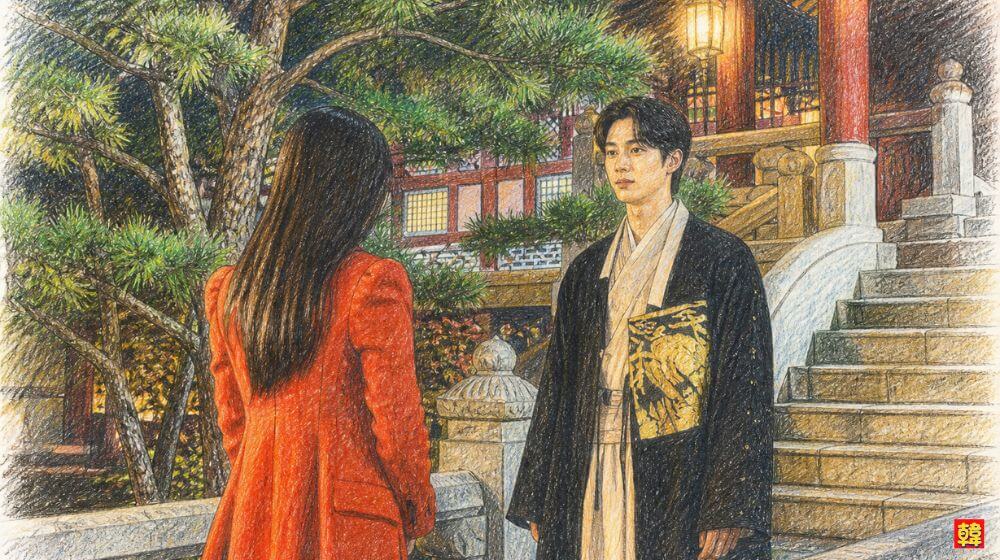 韓国ドラマ「21世紀の大君夫人」で、赤いコート姿のヒジュと韓服姿のイアン大君が王宮の庭で向き合う幻想的な夜のシーンの色鉛筆風イラスト