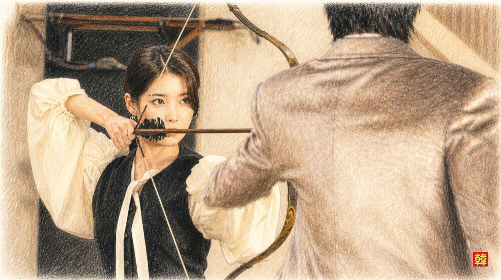 韓国ドラマ「21世紀の大君夫人」で、結婚を取りやめようとするイアン大君に対し、ヒジュが彼の愛猫を狙って弓を構え「止めてみろ」と挑発する緊迫のシーンの色鉛筆風イラスト