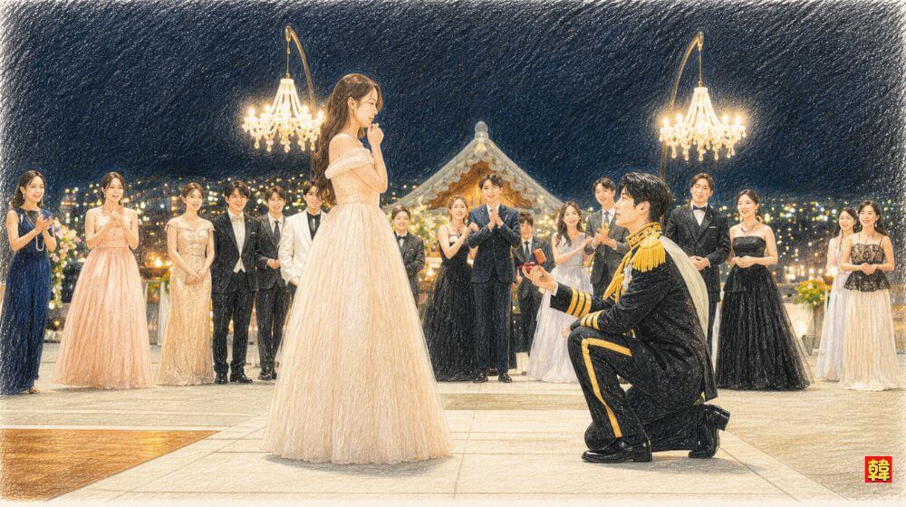 韓国ドラマ「21世紀の大君夫人」で、故王后の形見である“王后の指輪”を差し出しながら、イアン大君がヒジュにプロポーズする感動のシーンの色鉛筆風イラスト