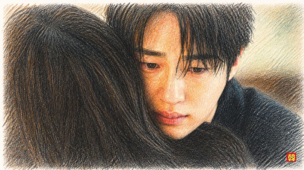 韓国ドラマ「21世紀の大君夫人」で、意識を取り戻したヒジュを強く抱きしめながら、失う恐怖に涙を浮かべるイアン大君の感動シーンの色鉛筆風イラスト