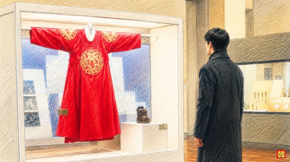 韓国ドラマ「21世紀の大君夫人」最終話ラストシーン。王となったイアン大君が君主制廃止後、王室博物館に展示された赤い王の衣装を静かに見つめる色鉛筆画風イラスト
