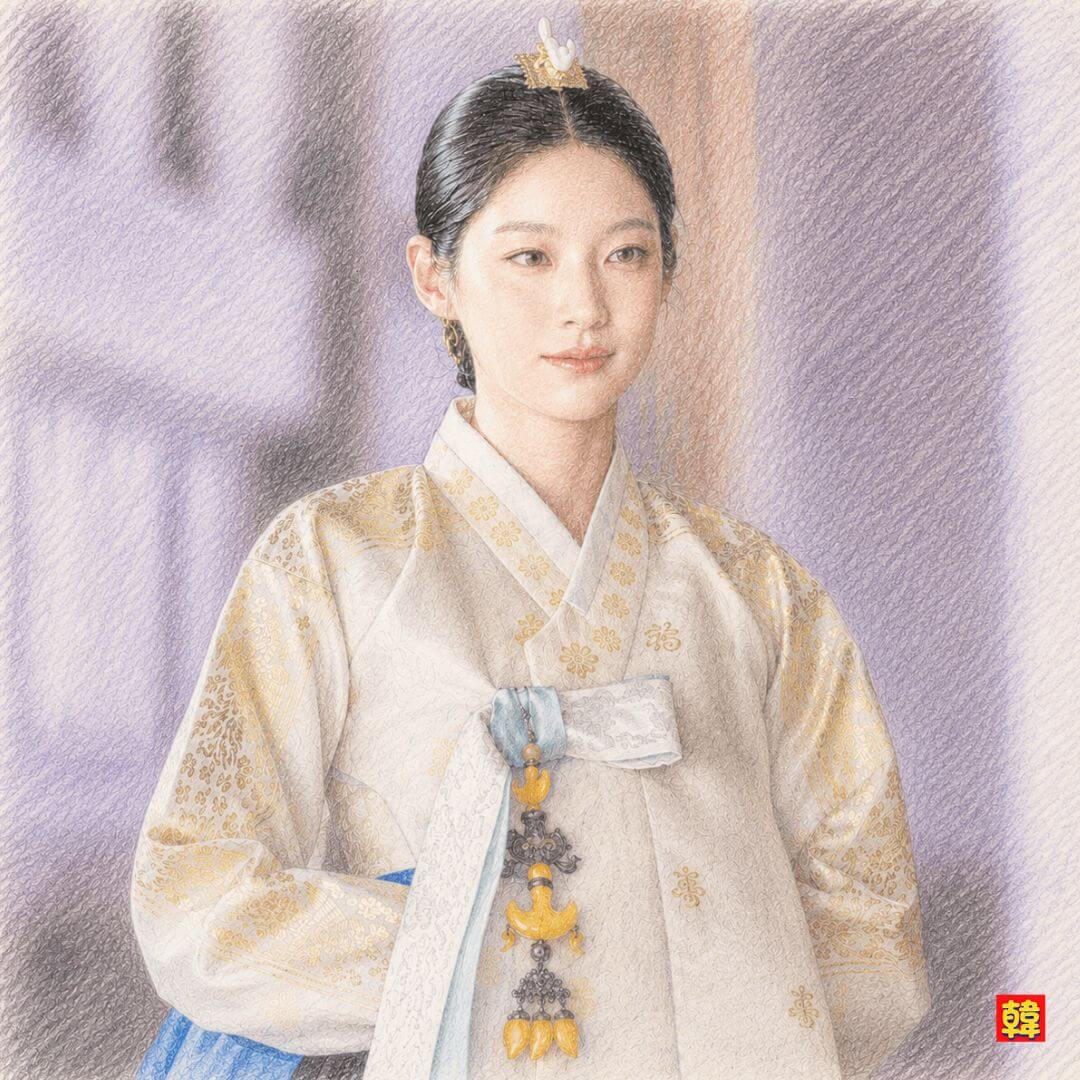 韓国ドラマ「21世紀の大君夫人」大妃役コン・スンヨンの韓服姿を描いた繊細な色鉛筆画イラスト