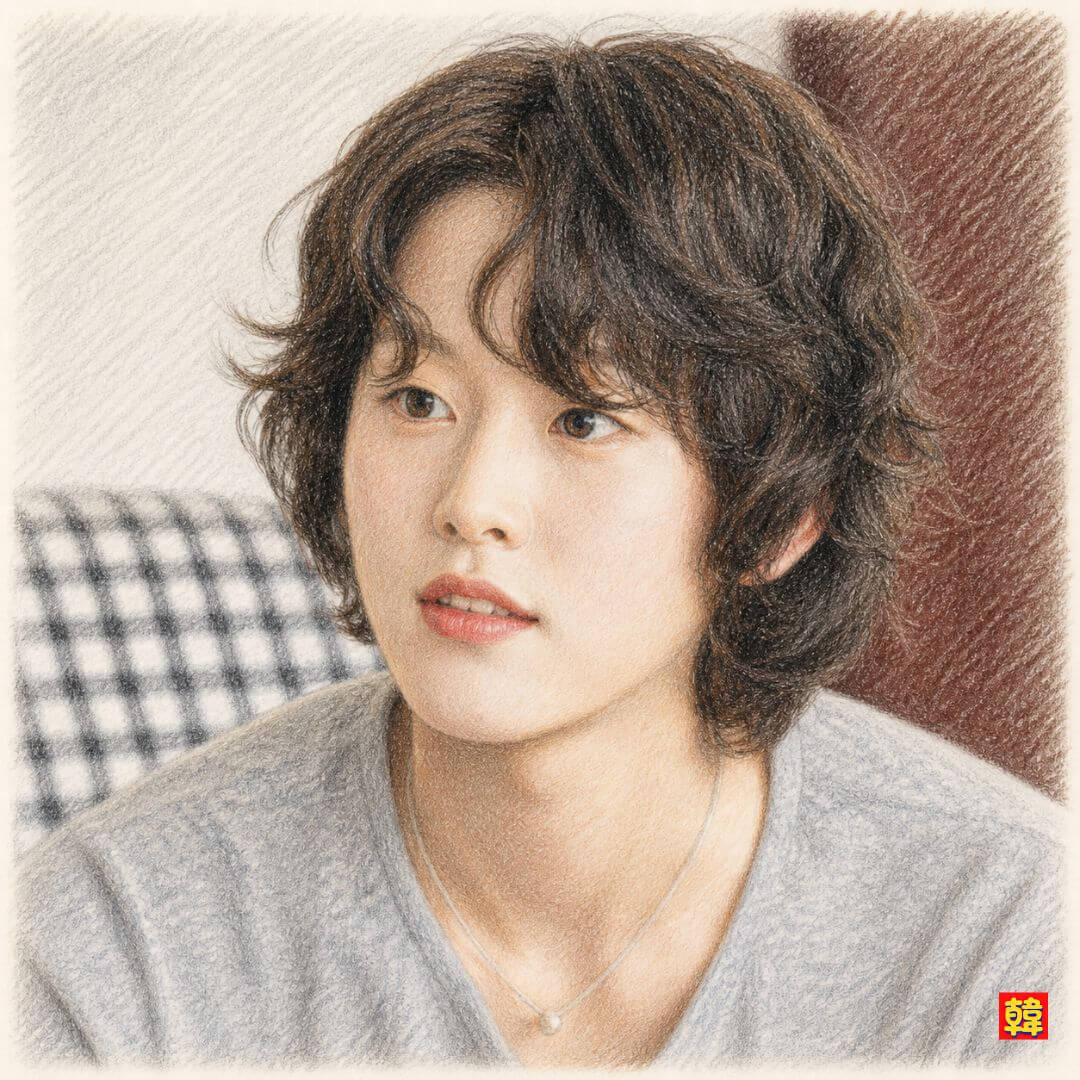 韓国ドラマ「21世紀の大君夫人」ヒジュの秘書ト・へジョンを描いたショートヘア姿のリアル色鉛筆画イラスト