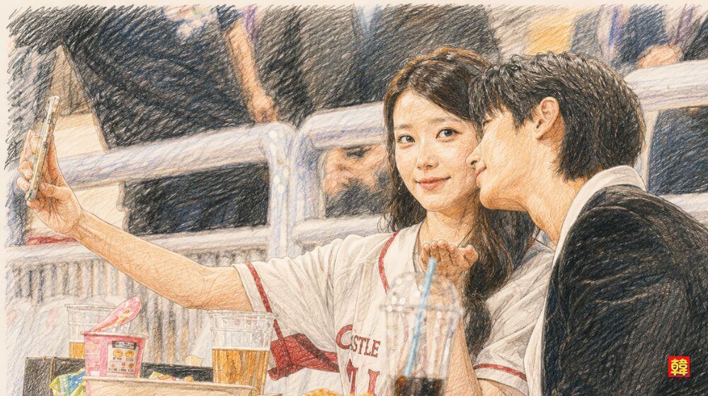『21世紀の大君夫人』で、ヒジュとイアン大君が初めてのデートとして野球場を訪れる印象的なシーン。並んで自撮りをしながら、自然な笑顔を見せる甘く穏やかな瞬間。