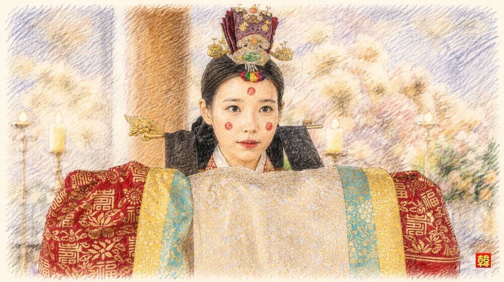 『21世紀の大君夫人』で、王宮に嫁ぐヒジュが華やかな伝統衣装に身を包んだ結婚式シーン。王妃としての重責と覚悟を感じさせる、美しく気品あふれる姿。