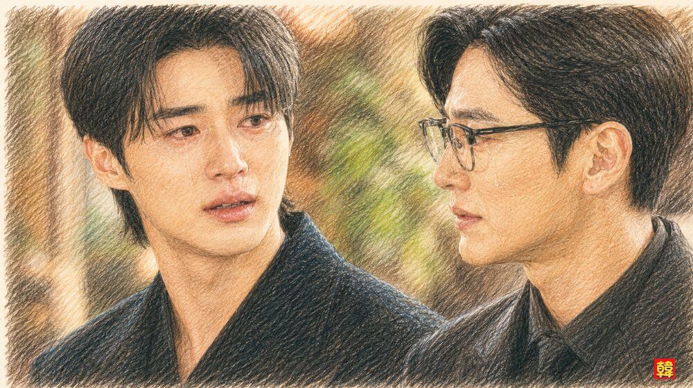『21世紀の大君夫人』で、親友だったミン総理がイアン大君を消そうとしていた事実を知り、涙を流しながら真実を問いかけるイアン大君。対するミン総理も涙ぐみ、友情と裏切りが交錯する切ない対峙シーン。