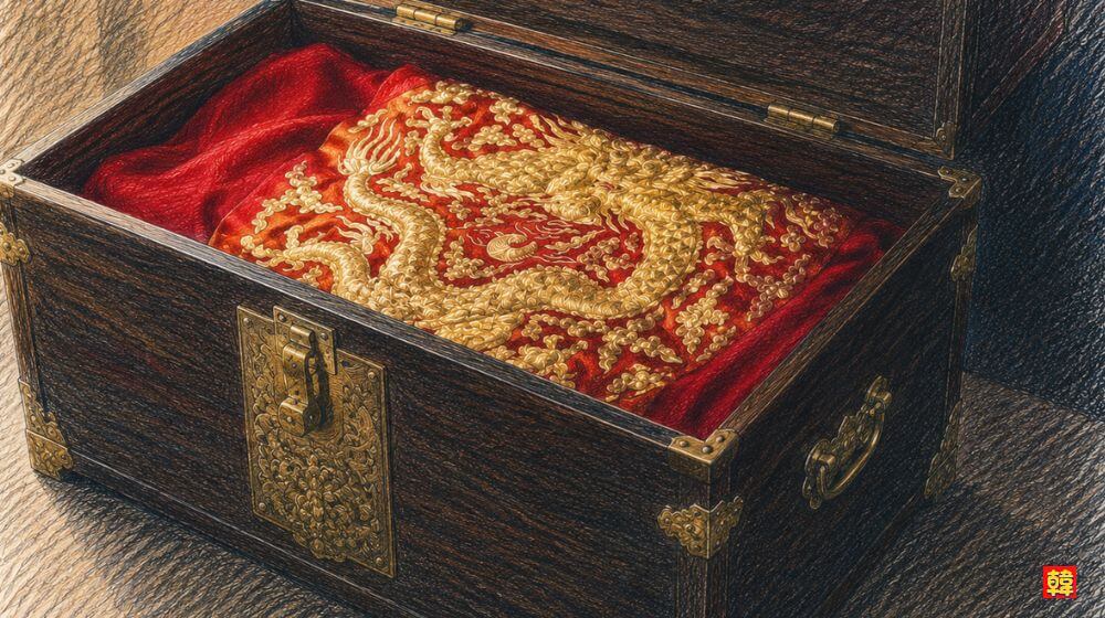 『21世紀の大君夫人』で、前王から送られた王の着衣が納められた重厚な衣装箱。深みのある木箱の中に、金龍の刺繍が施された赤い王衣が静かに収められている印象的なシーン。