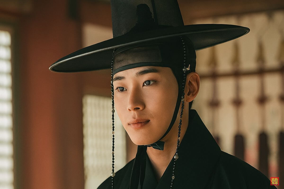 黒い韓服を着た主人公が、愛おしげに女性を見つめる「オク氏夫人伝」の一場面