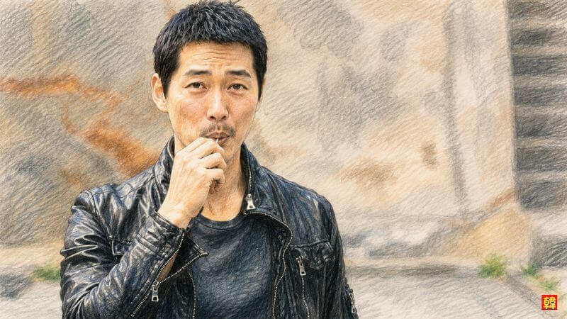 ドラマ『昼と夜』。ワイルドな短髪に黒のレザージャケット姿で、口にロリポップキャンディをくわえながらこちらを見つめるナムグン・ミンのソロカット。
