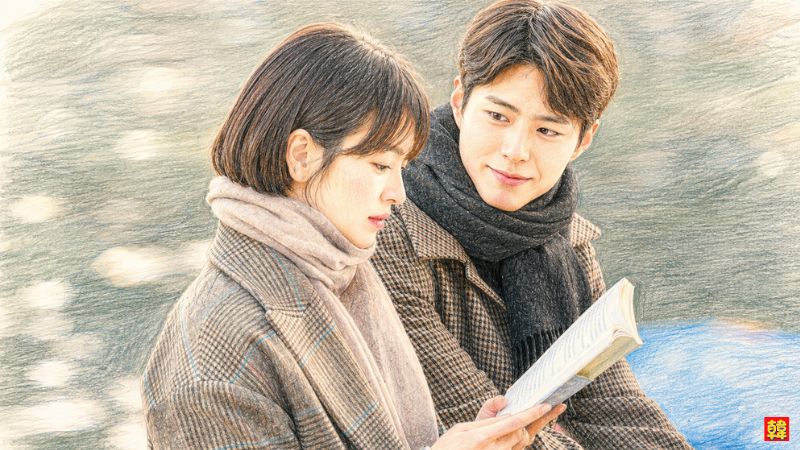 韓国ドラマ『ボーイフレンド』でパク・ボゴムとソン・ヘギョが本を読みながら見つめ合うシーンのイラスト風画像