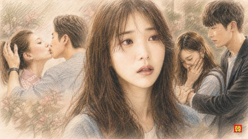 麗〈レイ〉花萌ゆる8人の皇子たちでのIUホ・スジンと、10年後にピョン・ウソクとW主演したドラマ『21世紀の大君夫人』へのつながりをイメージさせるイラスト風ビジュアル画像
