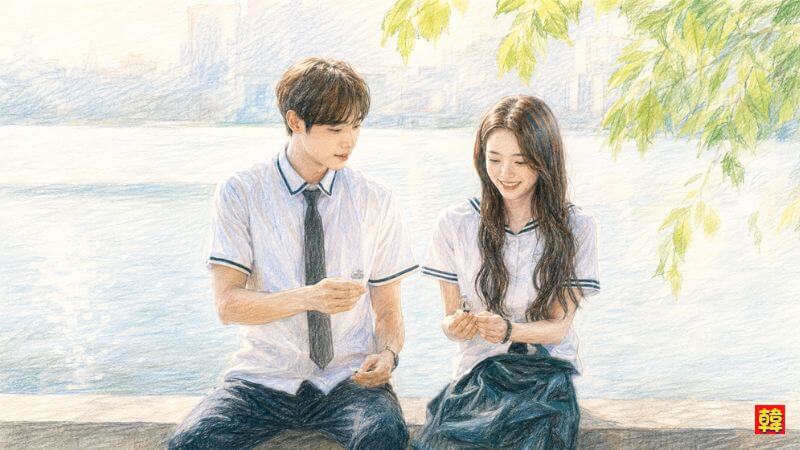 韓国リメイク映画『今夜、世界からこの恋が消えても』をイメージした色鉛筆風のイラスト。木漏れ日がきらめく水辺の堤防に並んで腰掛ける、半袖の制服を着たチュ・ヨンウとヒロインのシン・シア。お互いに手元を見つめ合いながら穏やかに微笑む、眩しく瑞々しい高校生カップルのツーショット。