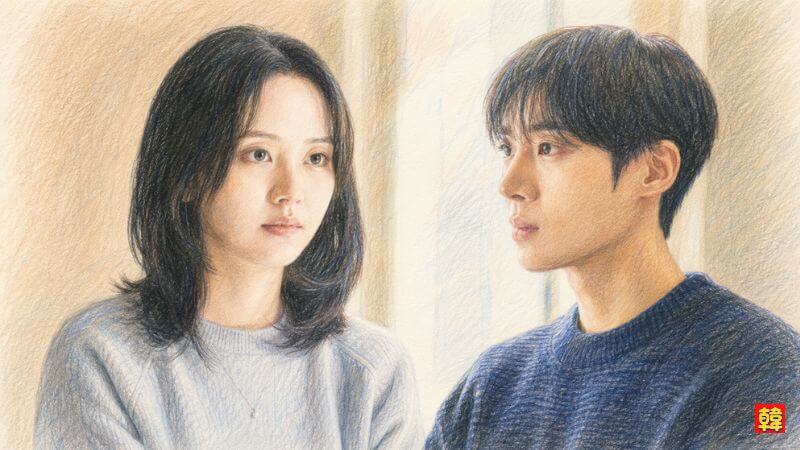 ドラマ『恋愛博士』で主演を務めるチュ・ヨンウとキム・ソヒョンを描いた色鉛筆風イラスト。柔らかな光が差し込む室内で、ニットを身にまとい、お互いを静かに見つめ合う二人の切なくも温かい眼差しの交錯。