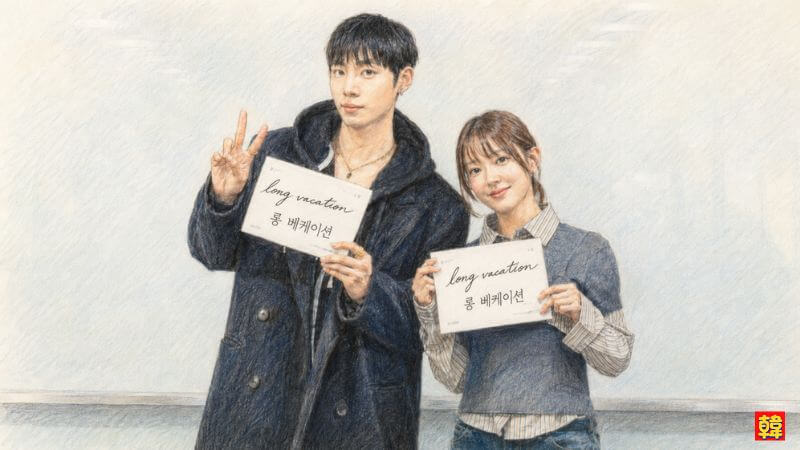 Netflixドラマ『ロング・バケーション』の台本読み合わせ（リーディング）時のチュ・ヨンウとイ・セヨンを描いた色鉛筆風イラスト。作品タイトルの書かれた台本を手に持ち、並んで微笑む主役二人の爽やかな2ショット。