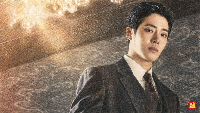 ドラマ『オアシス～君がいたから～』でチェ・チョルン役を演じたチュ・ヨンウを描いた色鉛筆風のイラスト。1980年代のクラシカルなスーツに身を包み、少し影のある切ない表情を浮かべる若々しいチュ・ヨンウのクローズアップ。