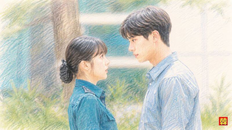ドラマ『田舎街ダイアリーズ』で獣医ハン・ジユル役を演じたチュ・ヨンウを描いた色鉛筆風のイラスト。緑豊かな田舎町を背景に、ネイビーのシャツを着て穏やかな笑みを浮かべる爽やかなチュ・ヨンウの姿