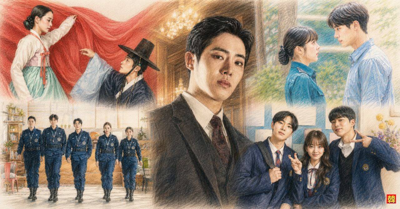 韓国の俳優チュ・ヨンウの出演作品を紹介するアイキャッチイラスト。中央にスーツ姿のチュ・ヨンウを大きく配し、周囲に韓服姿の時代劇シーンや、制服姿の爽やかな青春ドラマ（『オアシス』『学校2021』など）、警察学校の訓練生たちが並ぶシーンなどを色鉛筆タッチでドラマチックに描いたコラージュデザイン。