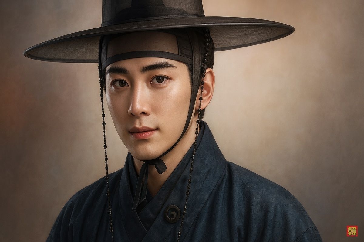 韓国ドラマ『オク氏夫人伝』主演俳優の半リアル写真風イラスト。朝鮮時代の官服に身を包み、黒い紗帽（サモ）をかぶった凛々しい表情の男性が落ち着いた背景の中に描かれている。