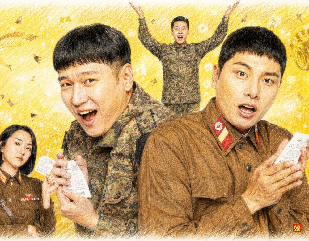 2026年最新Hulu配信の韓国映画「宝くじの不時着 1等当選くじが飛んでいきました」軍人たちが当選くじを手に大騒ぎするコメディ映画の色鉛筆画風イラスト