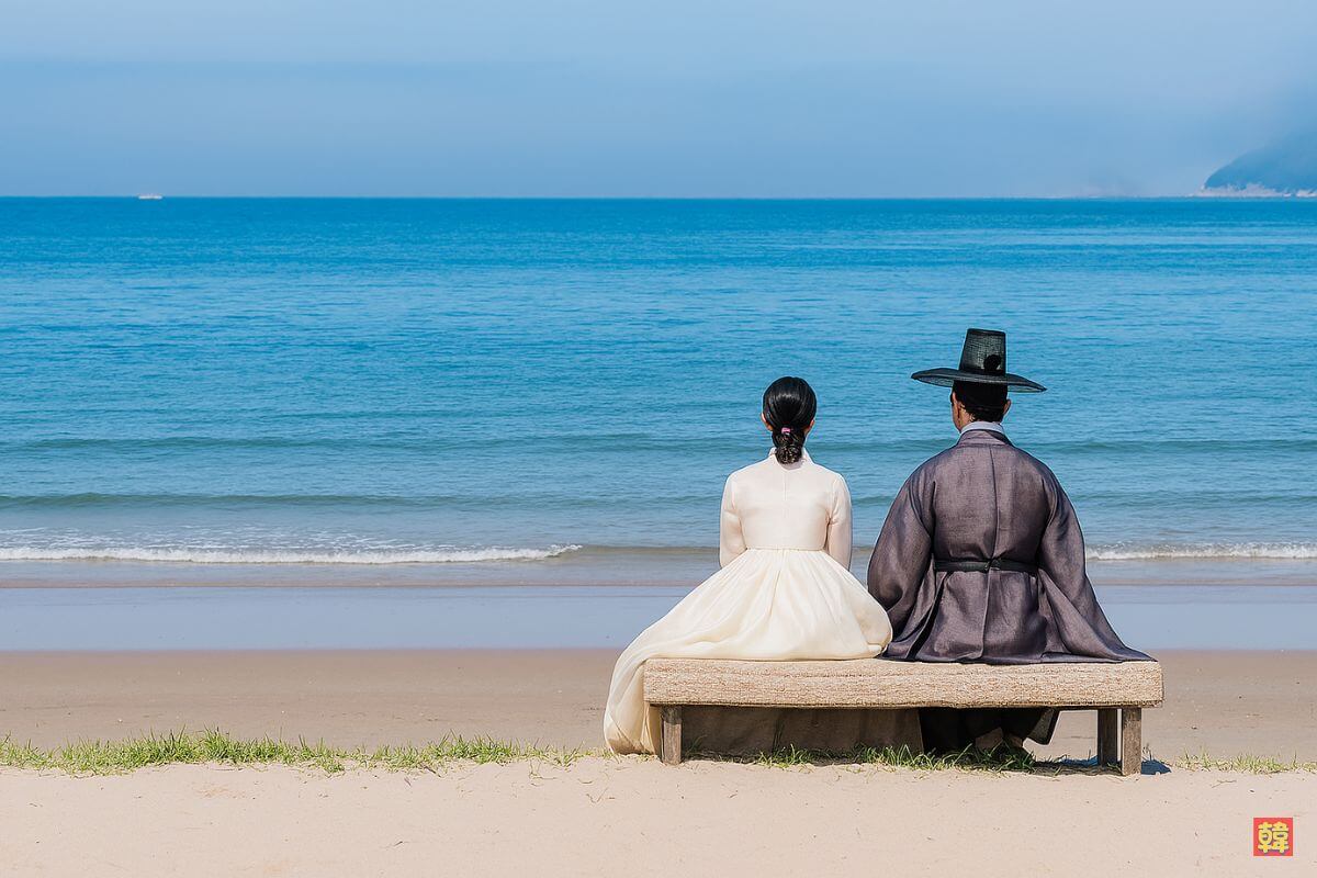 「オク氏夫人伝」のラストシーン韓服姿の男女が白い砂浜で寄り添いながら青い海を静かに見つめている幸せな風景