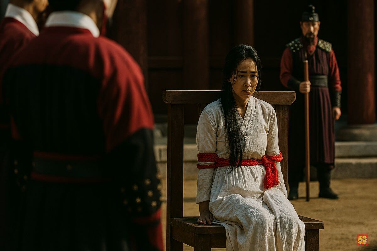 韓国時代劇のワンシーン。無実の罪を着せられ、椅子に縛られながら耐える女性の姿。赤い縄、白い韓服、周囲の役人たちが緊迫感を高めている。