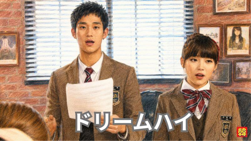 学園ドラマ『ドリームハイ』のキャラクターを描いた色鉛筆風イラスト。キリン芸能高校の茶色のブレザー制服を着たキム・スヒョン(ソン・サムドン役)が手に書類を持って前を見据える横で、同じく制服を着て頭にリボンをつけたIU(キム・ピルスク役)が驚いたような表情で並ぶツーショット。画像下部に「ドリームハイ」の文字あり。