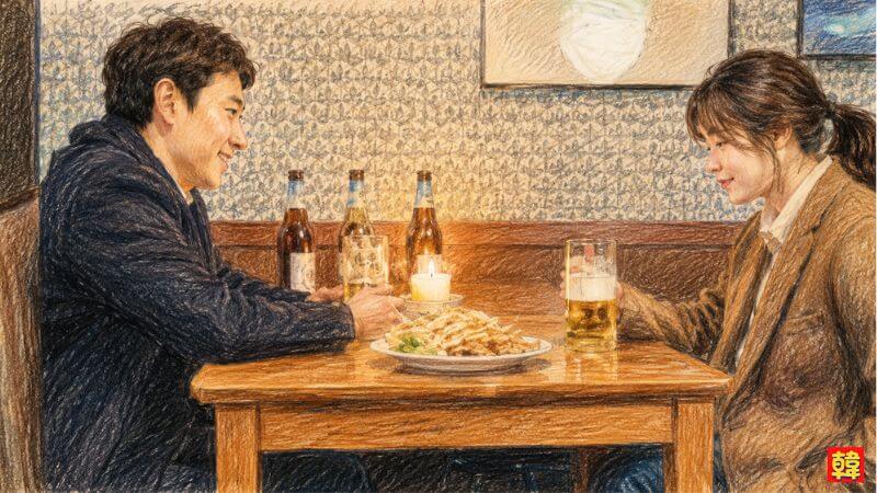ドラマ『マイ・ディア・ミスター〜私のおじさん〜』の名場面を描いた色鉛筆風イラスト。どこか懐かしい居酒屋の木製テーブルを挟み、ビールグラスを手にしたIU(イ・ジアン役)と、向かい側で優しく微笑みながら話を聞くイ・ソンギュン(パク・ドンフン役)の温かい2ショット。