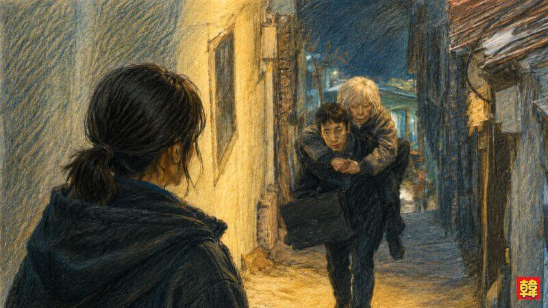 ドラマ『マイ・ディア・ミスター〜私のおじさん〜』の名場面を描いた色鉛筆風イラスト。夜の薄暗い路地裏で、足の不自由な祖母を背中に負ぶって歩くビジネスバッグを持ったドンフン(イ・ソンギュン)と、その優しく頼もしい後ろ姿を、手前の暗がりから静かに見つめているジアン(IU)の後頭部・背中を捉えた情緒的なカット。