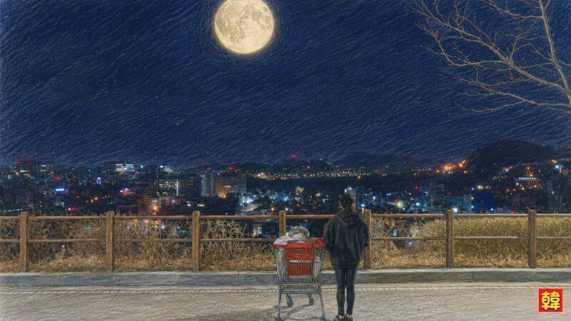 ドラマ『マイ・ディア・ミスター〜私のおじさん〜』で、IU(イ・ジアン役)が耳が不自由な祖母をショッピングカートに乗せ、夜の高台から大きな満月を見せてあげる名シーンを描いた色鉛筆風イラスト。深い紺色の夜空に輝く大きな月と、眼下に広がる街の灯りをバックに、木製の柵の前に並んで佇む二人の後ろ姿を静かに捉えた叙情的なカット。
