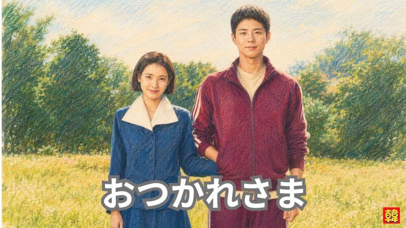 ドラマ『お疲れ様でした』のイメージイラスト。のどかな草原と青空をバックに、レトロな襟付きの青い衣装を着たショートヘアのIU(エスン役)と、エンジ色の芋ジャージ姿で佇むパク・ボゴム(グァンシク役)が並んで優しく微笑んでいる2ショット。画像中央下に「おつかれさま」の文字あり。