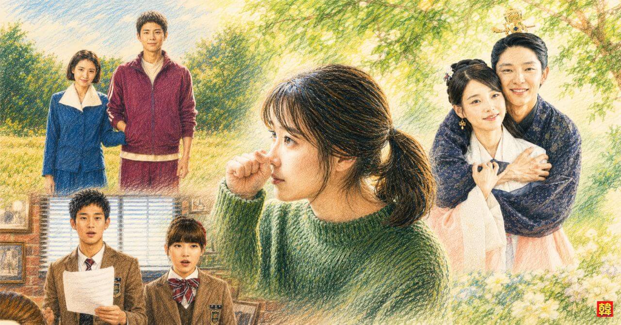 女優IUのプロフィール・ドラマ紹介記事用のアイキャッチイラスト。『マイ・ディア・ミスター〜私のおじさん〜』の緑のニットを着て物憂げな表情を浮かべるIUを中央に大きく配置し、左上に映画『ドリーム（パク・ソジュン共演）』、右側に『麗〈レイ〉』、左下に『ドリームハイ』の名シーンを配した色鉛筆風のコラージュデザイン。