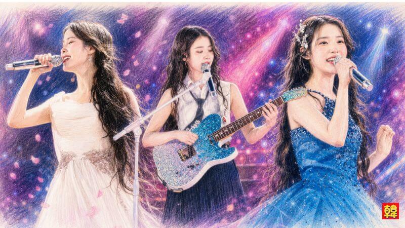 シンガーソングライターIUのライブステージをイメージした色鉛筆風のコラージュイラスト。華やかな紫とピンクの照明がきらめくステージを背景に、マイクを手に感情豊かに歌う白いドレス姿と青いドレス姿のIU、そして中央でラメの入った青いエレキギターを弾きながらマイクに向かう姿の、計3つの異なるライブパフォーマンスシーンがドラマチックに描かれている。