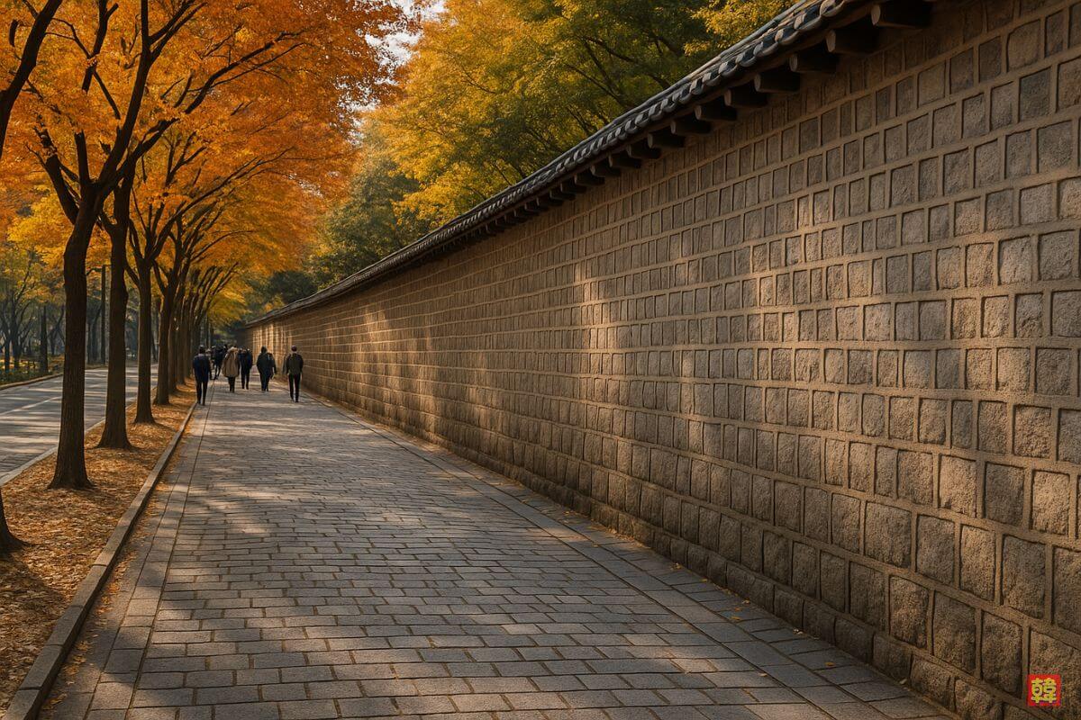 ソウル・貞洞通りの徳寿宮石垣道。秋色に染まる並木道と歴史ある石垣が続くロマンチックな散策スポット。柔らかな光と歩く人々の影が印象的。