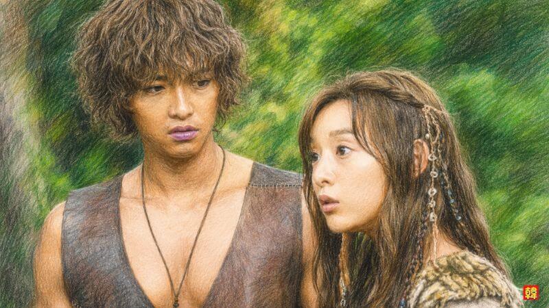 ドラマ『アスダル年代記』の古代ファンタジーの世界観の中で、部族の衣装を身にまとったタニャ役のキム・ジウォンとウンソム役のソン・ジュンギのイラスト