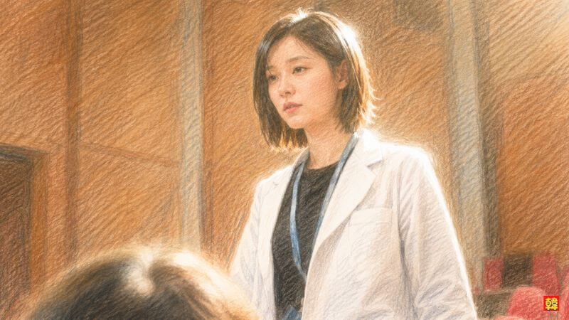 2026年10月放送予定の韓国リメイク版ドラマ『ドクターX:白いマフィアの時代』で、白衣をまとい凛とした眼差しで佇む天才外科医役のキム・ジウォンのイラスト