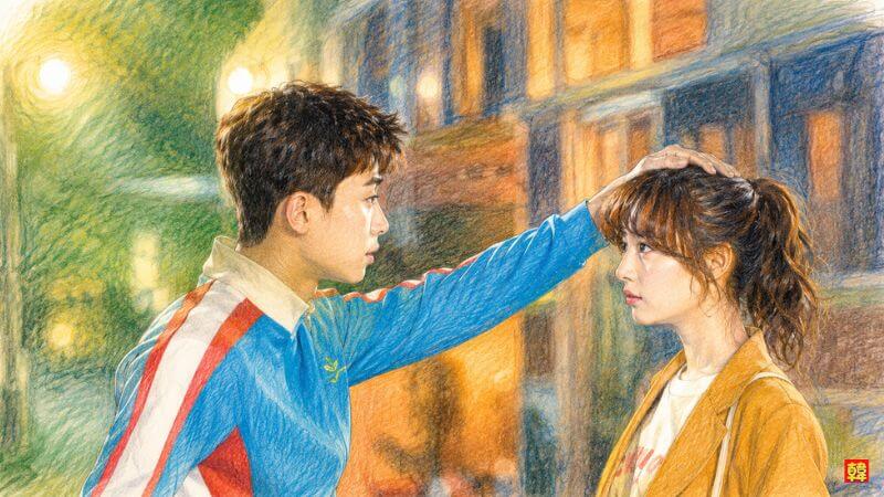 ドラマ『サム、マイウェイ』の夜の街頭で、幼なじみのコ・ドンマン役(パク・ソジュン)に優しく頭を撫でられているヒロインのチェ・エラ役のキム・ジウォンのイラスト