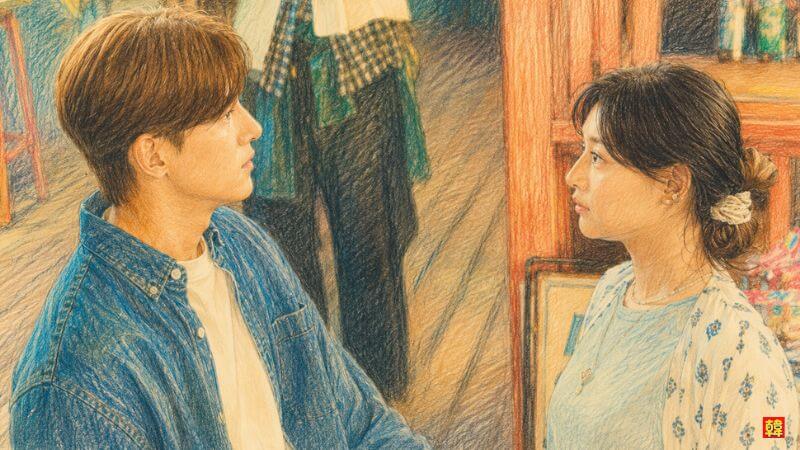 ドラマ『都会の男女の恋愛法』で、ナチュラルなヘアスタイルで主人公パク・ジェウォン役のチ・チャンウクと見つめ合うイ・ウノ役のキム・ジウォンのイラスト
