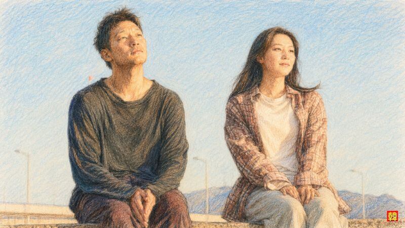 ドラマ『私の解放日誌』で、夕日を浴びながら堤防に並んで座り、静かに前を見つめるヨム・ミジョン役のキム・ジウォンとク氏役のソン・ソックのイラスト