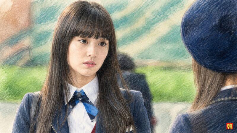 ドラマ『相続者たち』で、制服姿にストレートヘア、ぱっつん前髪で冷たい視線を送る財閥令嬢ユ・ラヘル役のキム・ジウォンのイラスト