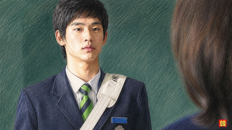 学園ドラマ「ジャングル・フィッシュ」で制服を着て学生鞄を肩にかけ、真剣な眼差しを向ける若き日のキム・スヒョンのイラスト