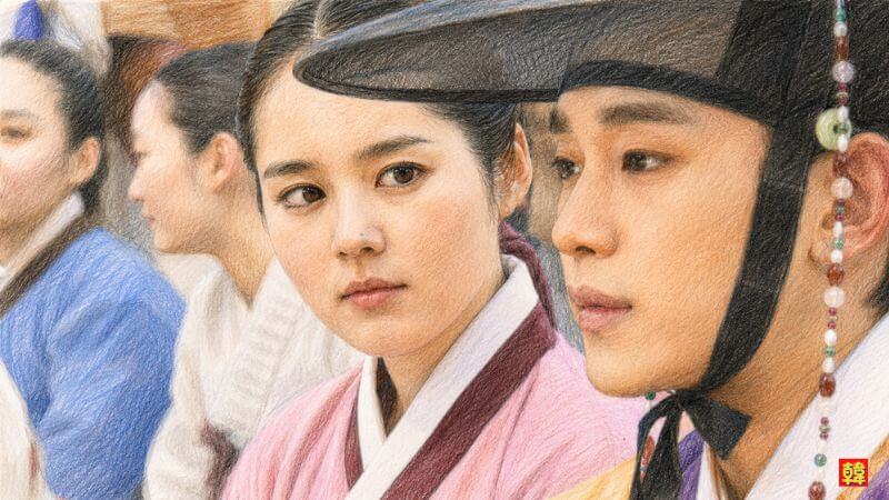 時代劇ドラマ「太陽を抱く月」で、伝統的な衣装を身に纏い真剣な眼差しを交わす王イ・フォン役のキム・スヒョンとハン・ガインのイラスト