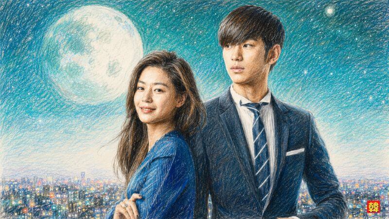 ファンタジーロマンスドラマ「星から来たあなた」で、美しい満月と輝く夜景をバックに背中合わせで佇むト・ミンジュン役のキム・スヒョンとチョン・ジヒョンのイラスト