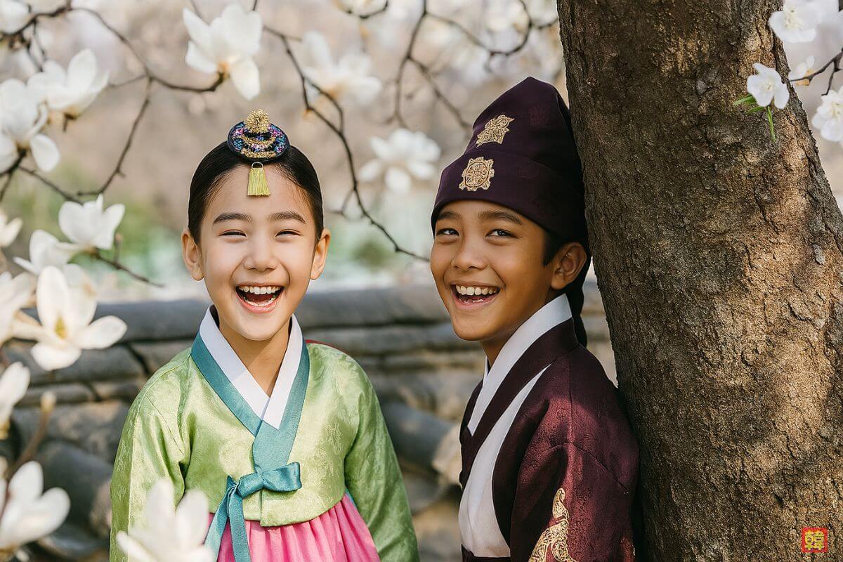 韓国時代劇の春の日、豪華な韓服をまとった幼い幼馴染の男女が笑顔を見せる心温まるシーン。満開の花と共に思い出を彩る一枚。
