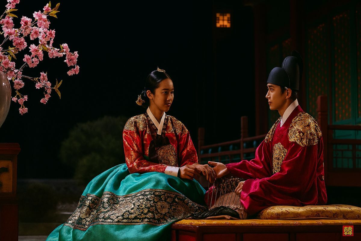 韓国時代劇の宮廷で夜に対話する男女。豪華な韓服と色彩美が際立つ印象的なワンシーン。