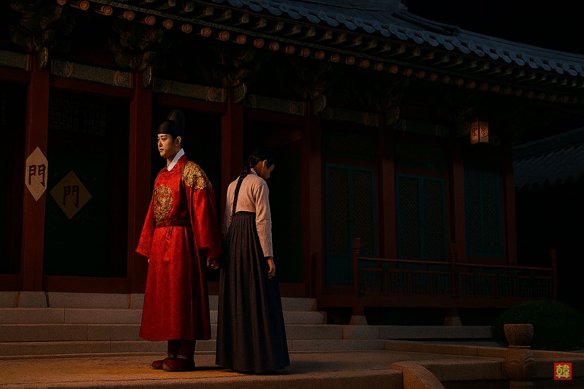 韓国時代劇の宮殿前で向き合わず立つ男女。赤い王服と伝統衣装が夜の静けさの中で映える感情的なシーン