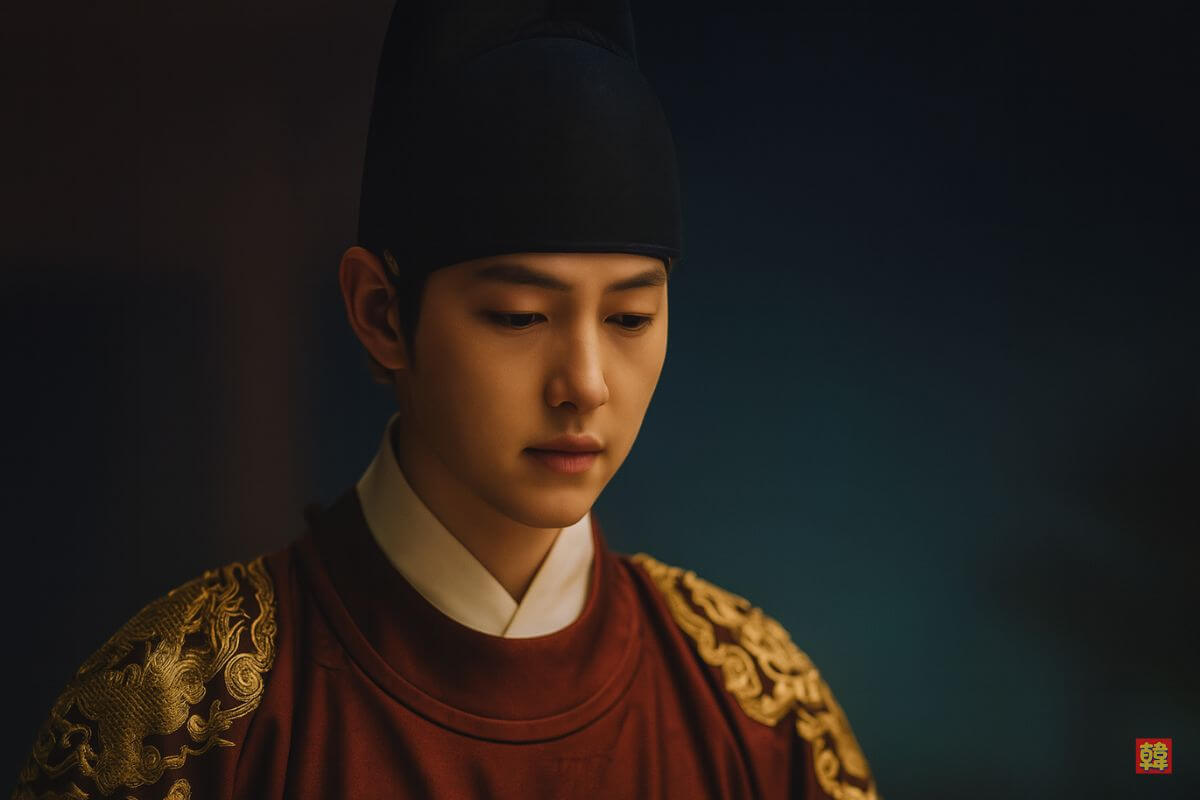 韓国ドラマ『根の深い木』の世子のイメージ。豪華な韓服を身にまとい、思索的な表情を浮かべる若き世子のフォトリアルな写真風イラスト