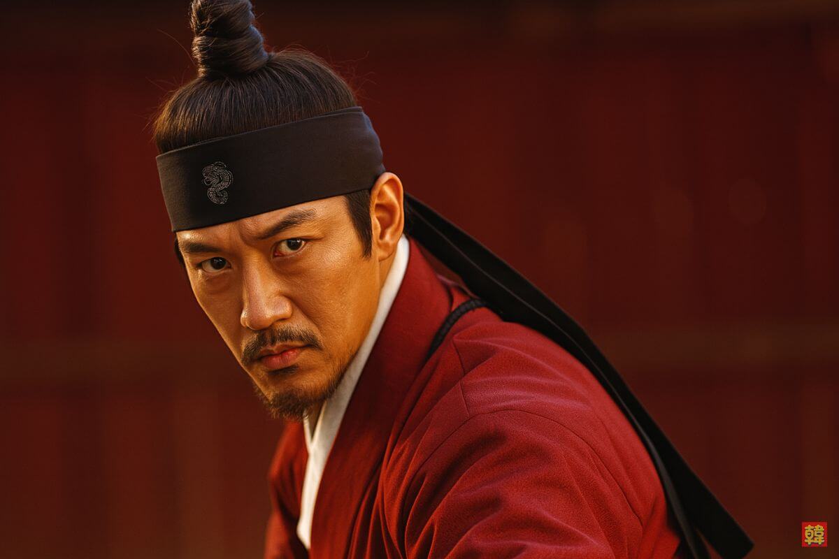 韓国ドラマ『根の深い木』に登場する武官のイメージ。赤い韓服に身を包み、鋭い眼差しで前方を見据える力強い表情。