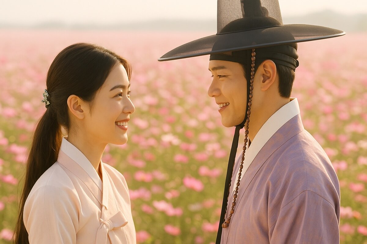 『雲が描いた月明かり』の主人公カップルがピンクの花畑で見つめ合うロマンチックな横顔シーン