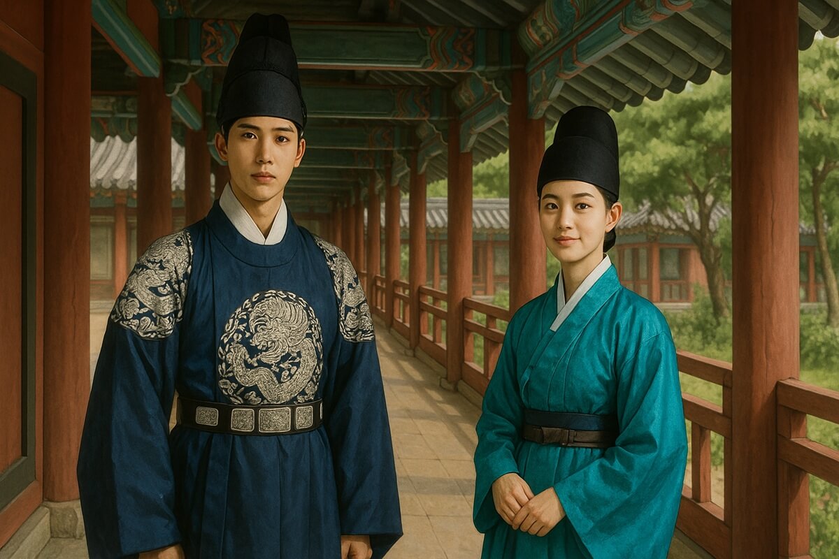 『雲が描いた月明かり』より、宮廷の廊下に立つ若き王子と男装のヒロインの印象的なシーン