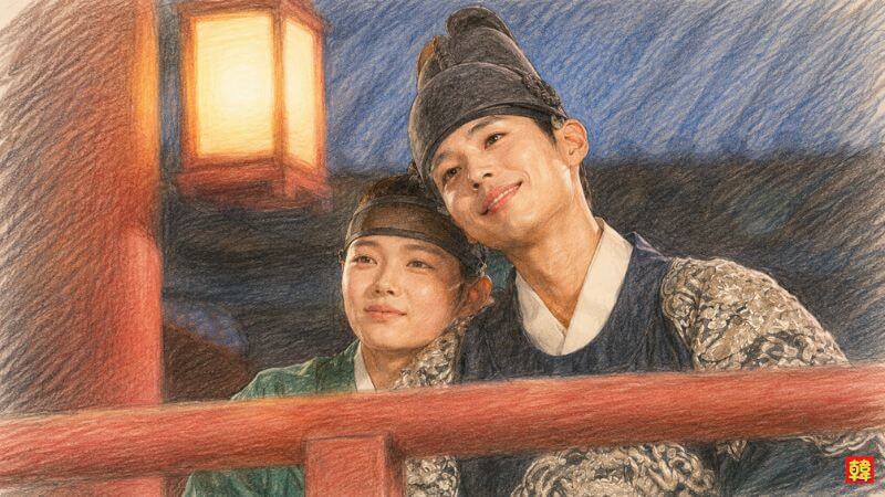 パク・ボゴム『雲が描いた月明かり』名場面｜夜の楼閣でランタンの灯りを見上げる世子イ・ヨンとラオンのツーショット